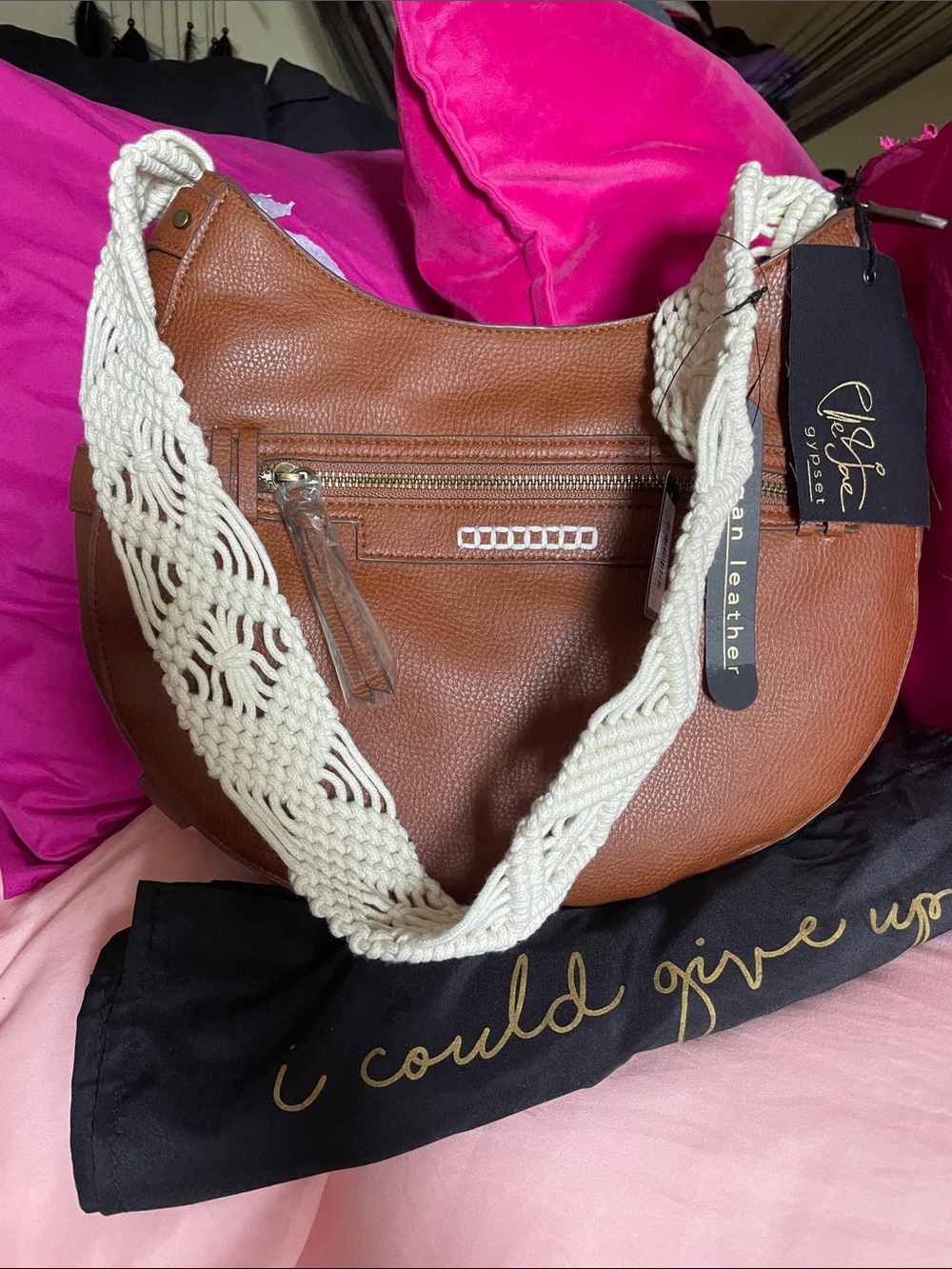 Chloe + Isabel Tan Leather Hobo with Cream Braided Strap with dust bag